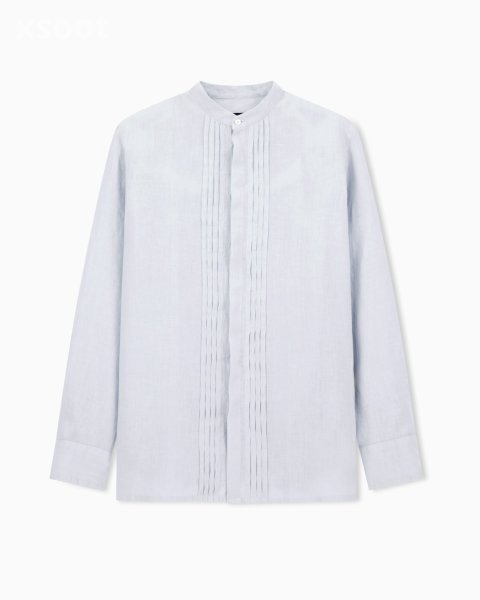 Garment-dyed linen shirt with guru collar and pleated detail