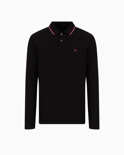 Long-sleeved stretch pique polo shirt with micro eagle embroidery