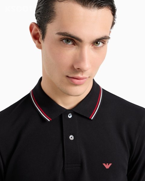 Long-sleeved stretch pique polo shirt with micro eagle embroidery