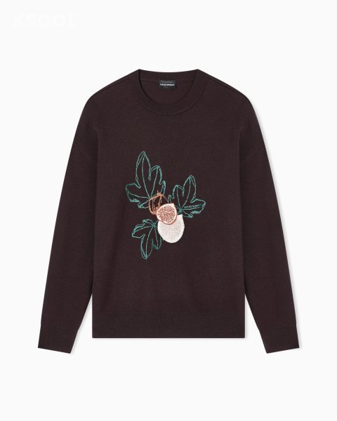 Virgin-wool plain-knit jumper with foliage embroidery