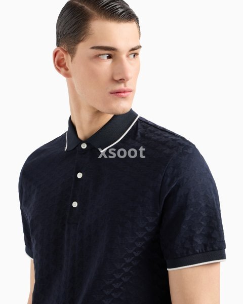 Mercerised jersey polo shirt with all-over jacquard eagle
