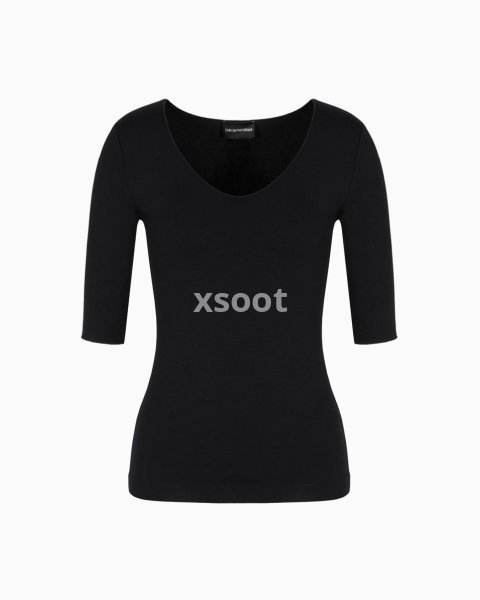 Viscose stretch jersey V-neck jumper with three-quarter length sleeves