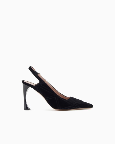 Embossed motif velvet slingback court shoes