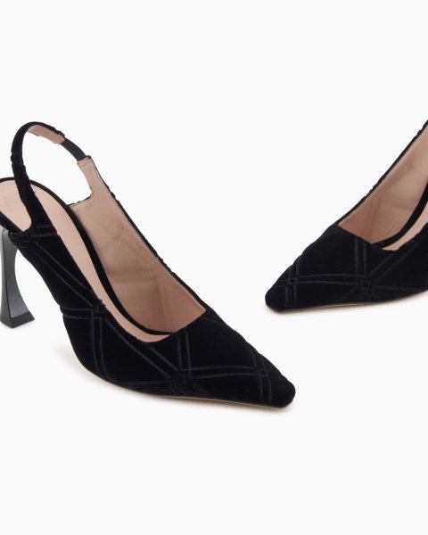 Embossed motif velvet slingback court shoes