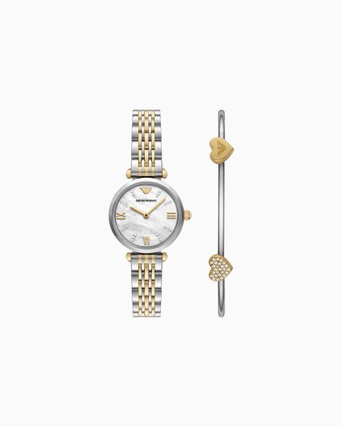 Two-Hand Two-Tone Stainless Steel Watch and Bracelet Set