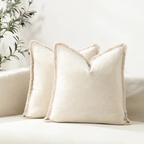 Washed Linen Textured Boho Farmhouse Pillow Cover With Tassels Edge (Set of 2)