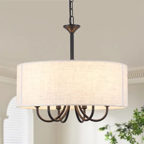 6 - Light 17.95'' Dimmable Modern Farmhouse Drum Candle Chandelier With Linen Shade For Kitchen Island Bedroom