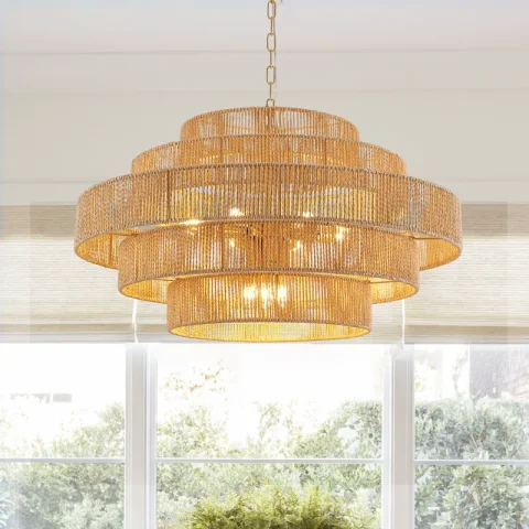12 - Light Dimmable Hand-Woven Rattan Tiered Chandelier
