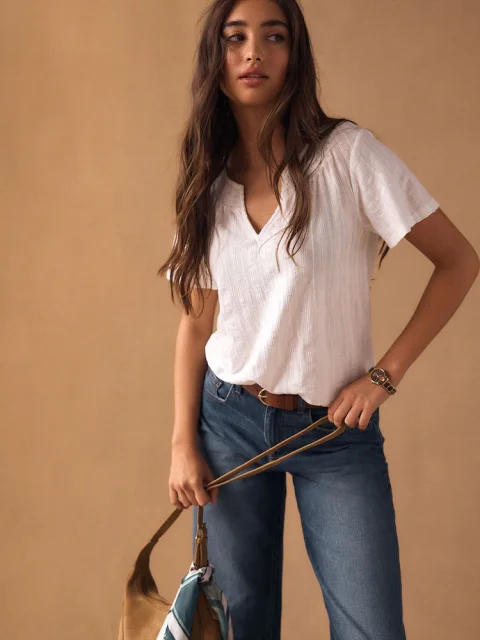 White Short Sleeve Notch Neck Shirred Bubblehem Top