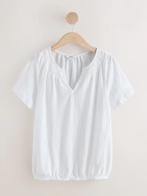 White Short Sleeve Notch Neck Shirred Bubblehem Top