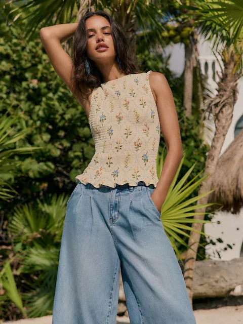 Friends Like These Cream Floral Print Shirred Top