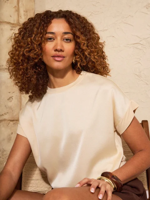 Love & Roses Champagne Satin Front Jersey Short Sleeve Top