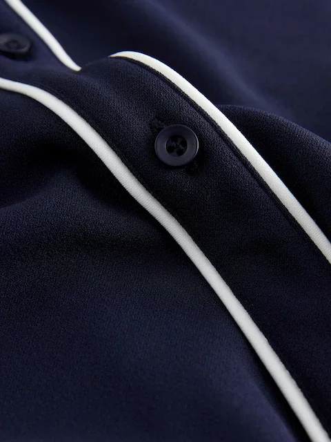 Navy Tipped Long Sleeve Polo Button Through Top