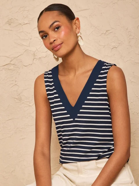 Love & Roses Navy and White Stripe Chiffon Trim V-Neck Jersey Vest