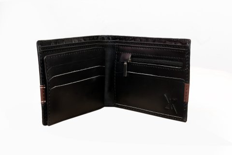 Men’s Croc-Texture Cow Leather Wallet – Black with Maroon Strip | Stylish Bifold Slim Wallet