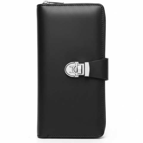 Premium Black Leather Travel Organizer Wallet with Metal Lock Closure