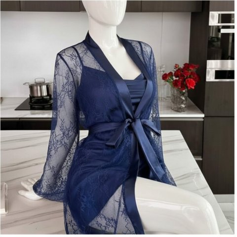 Soft Lace Robe & Silk Inner – 2 Piece Transparent Net Gown Set | Free Size (Fits Up to 38” Chest) | DC-2052 -Black