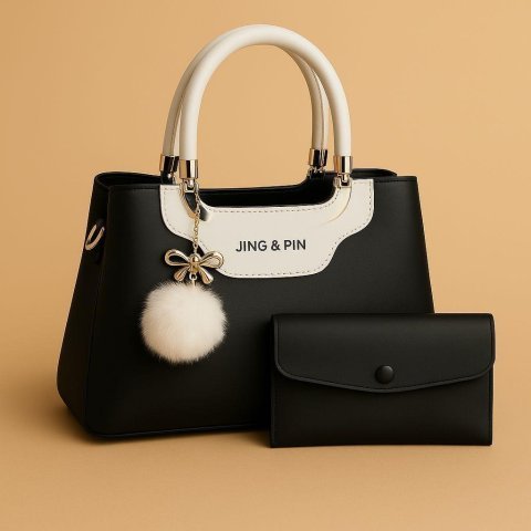 Premium 'JING & PIN' Ladies Handbag Collection with Clutch and Shoulder Strap Option( black )