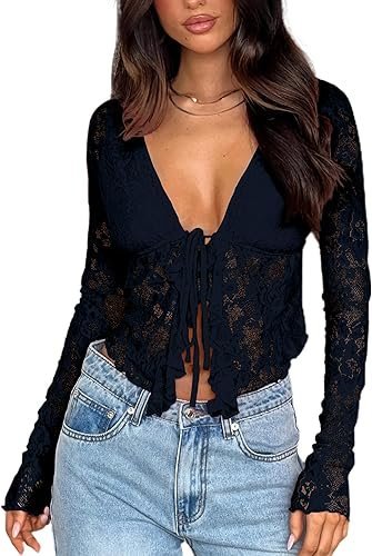 Women's Long Sleeve Open Back Lace Blouse