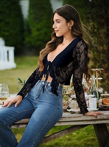 Women's Long Sleeve Open Back Lace Blouse