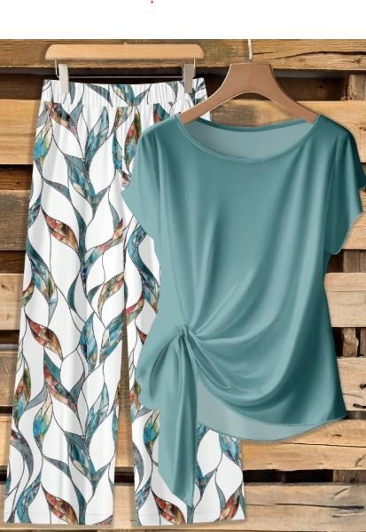 SHEIN Summer Outfits 2Pcs Women Casual Minimalist Green Bowknot Shirt & Loose Straight Geometric Print Pants Set