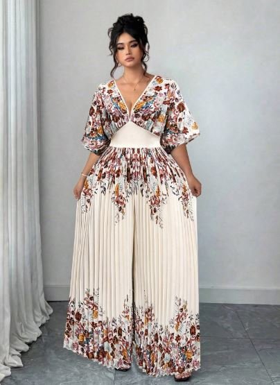 Elenzga Women's Printed Deep V Neck Batwing Sleeve Pleated Elegant Jumpsuit Business Casual Summer Women's Outfit Western Wear