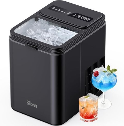Silonn Ice Maker Countertop, 8 Ice Cubes in 6 Mins, 26.5 lbs/24H, 2 Bullet Ice Sizes, Self-Cleaning Bullet Ice Maker, Portable Ice Machine for Kitchen, Party, Office, and RV Camping