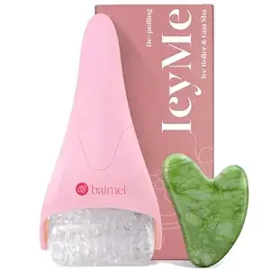 BAIMEI IcyMe Ice Roller for Face and Gua Sha Facial Tool Set, Ice Face Roller Reduces Puffiness Relieves Migraines Skin Care Tools, Self Care for Women - Pink