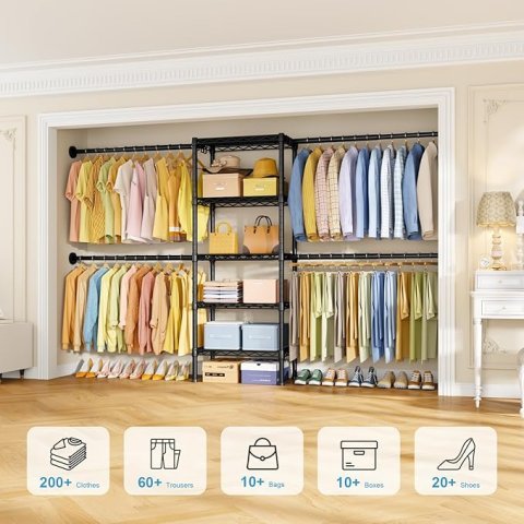 Ulif M2 Wall Mounted Closet System, Clothes Rack Mounted onto the Wall with 4 Expandable Hanger Rods and 5 Metal Shelves, Clothing Organizer Storage in (70.8-102.3)" L x 14.5" D x 71.2" H, Black