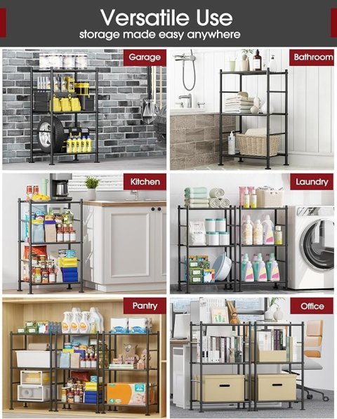 3 Tier Shelf Organizer, Sturdy Metal Garage Shelving with Adjustable Leveling Feet, Space-Saving Shelves Organizer for Pantry, Laundry, Kitchen (18" x 12" x 30", Black) - Sakugi Storage Shelves -