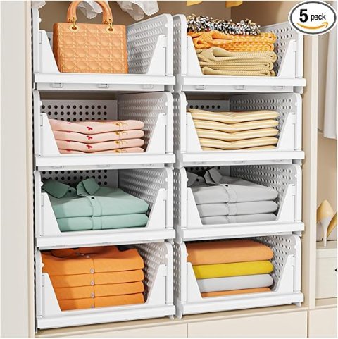 SNSLXH 5 Pack Stackable Closet Storage Basket, Multifunctional & Foldable Closet Organizer for Bathroom Kitchen Laundry Room Wardrobe Storage, Space-Saving Clothes Storage Drawer Organizer, White