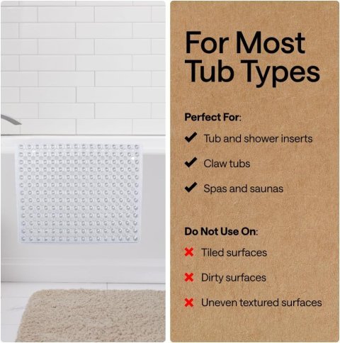 GORILLA GRIP Patented Bath Tub Shower Mat, Machine Washable Bathtub Floor Liner Mats, Suction Cups and Drain Holes to Keep Tubs Clean, Soft on Feet, Bathroom Essentials, 35x16 Inch, Clear