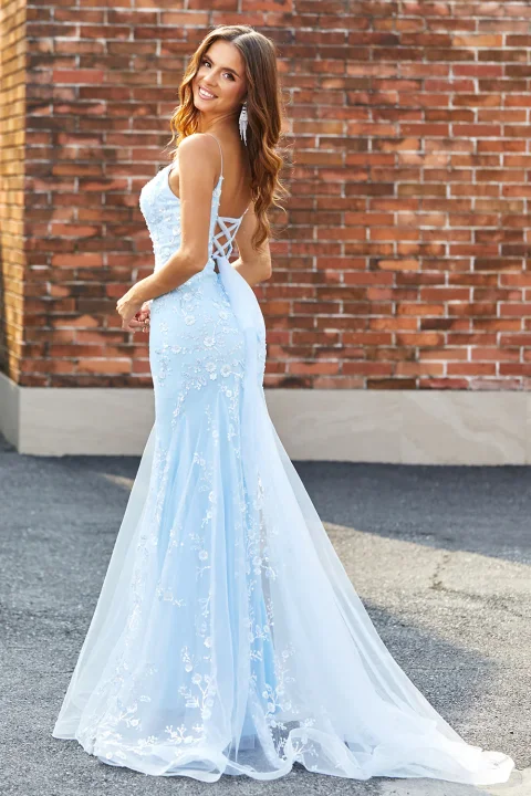 Sparkly Light Blue Beaded Mermaid Long Prom Dress with Lace Up Back