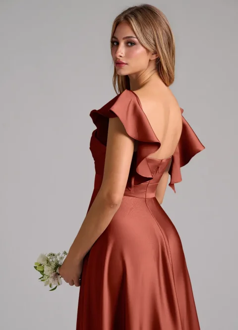Terracotta A-Line Ruched Stretch Satin Dress