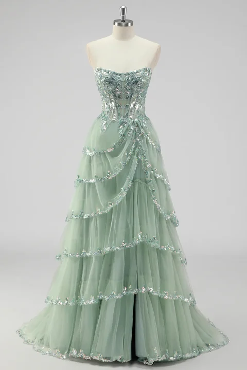Sparkly Sage Green A Line Sequins Corset Tiered Long Prom Dress with Slit