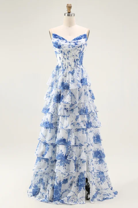 Blue White Flower A-Line Tiered Corset Long Prom Dress with Slit