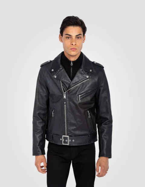 Black perfecto jacket with belt, cowhide leather