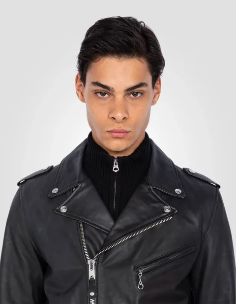 Black perfecto jacket with belt, cowhide leather