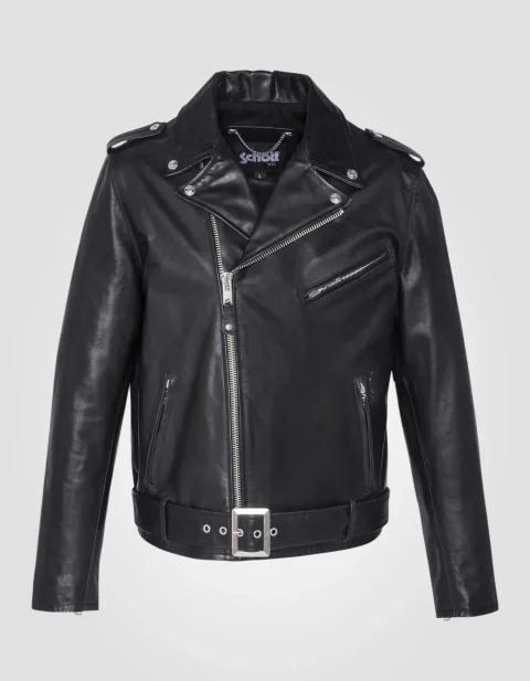 Black perfecto jacket with belt, cowhide leather
