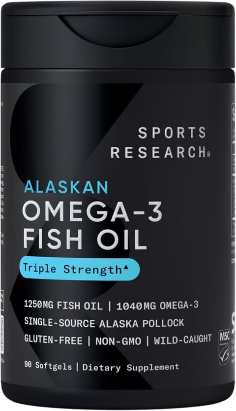 Sports Research® Omega-3 Fish Oil 1250 - Triple Strength Fish Oil Supplement from Wild Alaska Pollock - MSC Certified Sustainable