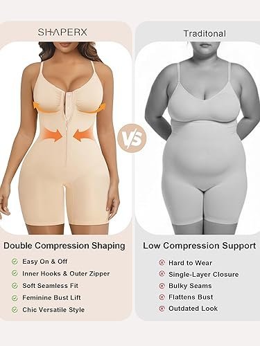 SHAPERX Women's Shapewear Bodysuit Tummy Control Seamless Zip-Up Body Shaper Waist Defining Silhouette