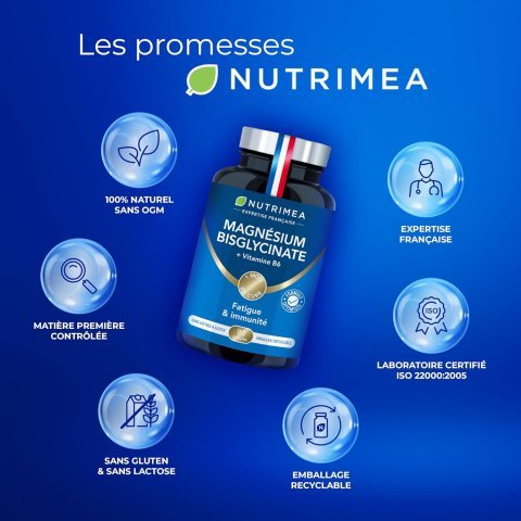 Magnesium Bisglycinate + Vitamin B6 - Sleep, Stress, Fatigue - Maximum Absorption & Easy Assimilation - 90 Vegan Capsules - Nutrimea - Made in Franc