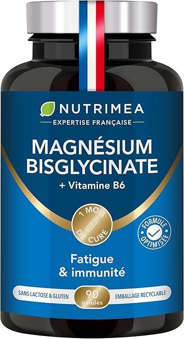 Magnesium Bisglycinate + Vitamin B6 - Sleep, Stress, Fatigue - Maximum Absorption & Easy Assimilation - 90 Vegan Capsules - Nutrimea - Made in Franc