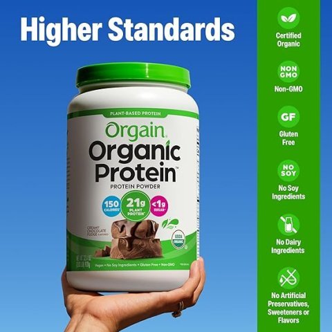 Orgain Organic Vegan Protein Powder, Creamy Chocolate Fudge - 21g Plant Protein, 6g Prebiotic Fiber, Low Net Carb, No Lactose Ingredients, No Added Sugar, Non-GMO, For Shakes & Smoothies, 2.03 lb