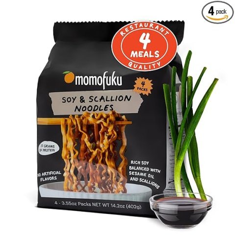 Momofuku Soy and Scallion Ramen Noodles by David Chang, 4 Pack of Restaurant Quality Air-Dried Instant Noodles Now with More Sauce & 10g of Protein