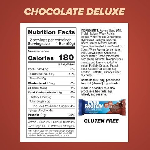 Pure Protein Chocolate Deluxe Protein Bars – 21g Protein, 3g Sugar, 190 Calories (12 count) Low Sugar* High Protein Snack - Gluten Free - Perfect for a Healthy Snack