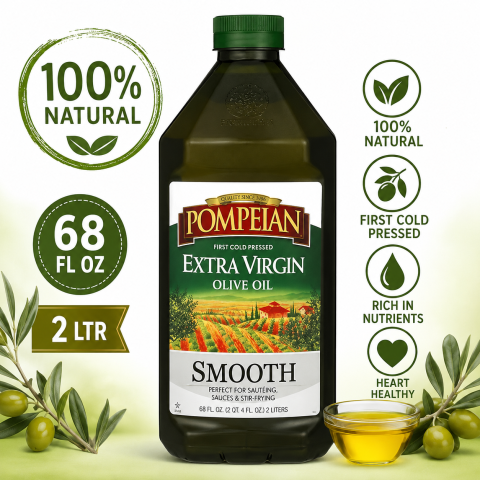 Extra Virgin Olive Oil Pompeian Smooth - 68 Fl Oz - First Cold Pressed Olive Oil for Cooking - Smooth Taste for Sauteing, Stir-Frying, and Baking