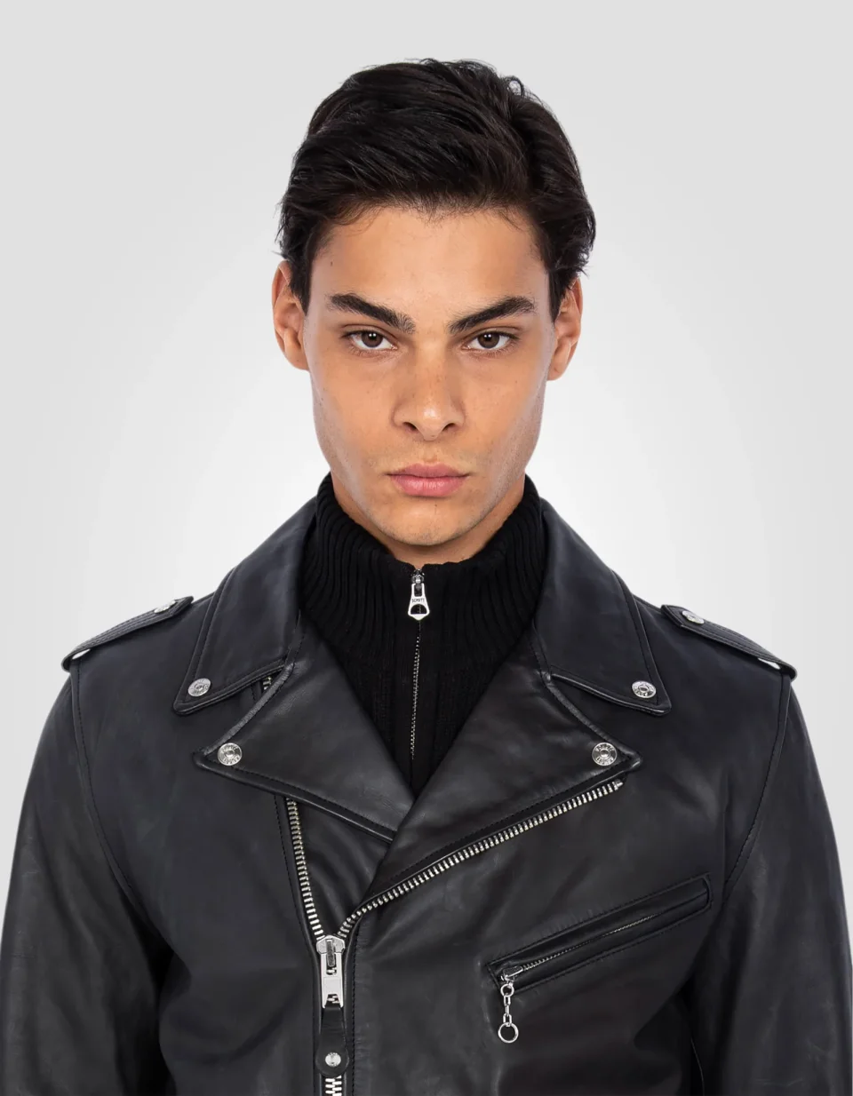 Black perfecto jacket with belt, cowhide leather
