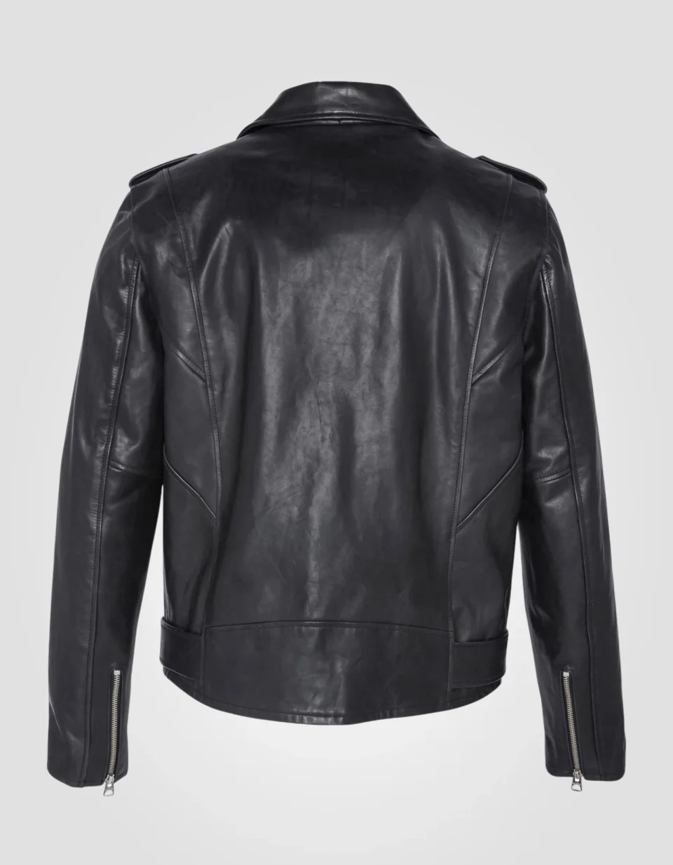 Black perfecto jacket with belt, cowhide leather