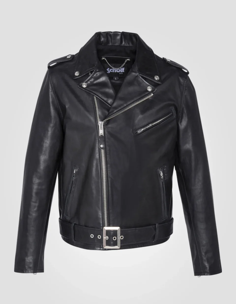 Black perfecto jacket with belt, cowhide leather